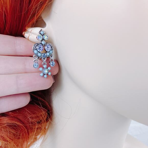 Signed Kirks Folly Blue Rhinestone Floral Chandelier Clip On Earrings Vintage - Picture 5 of 10